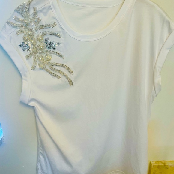 Motf Shein Tops - Motf Shein White Cotton Top with Beading and Faux Pearls  Size S NWT